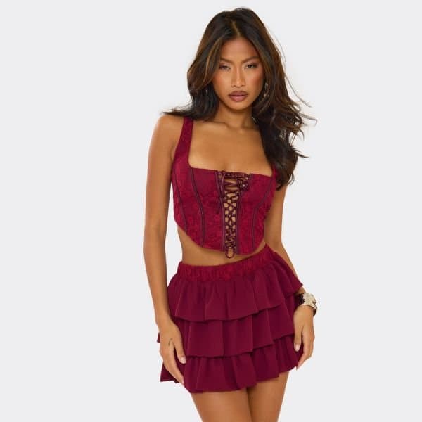 EGO Square Neck Lace Up Front Structured Corset Top In Plum, Women's Size UK 6