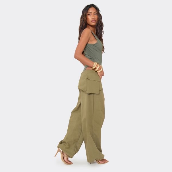 EGO LOW RISE HIP PANEL CARGO TROUSERS IN GREEN, Women's Size UK 6 - 2