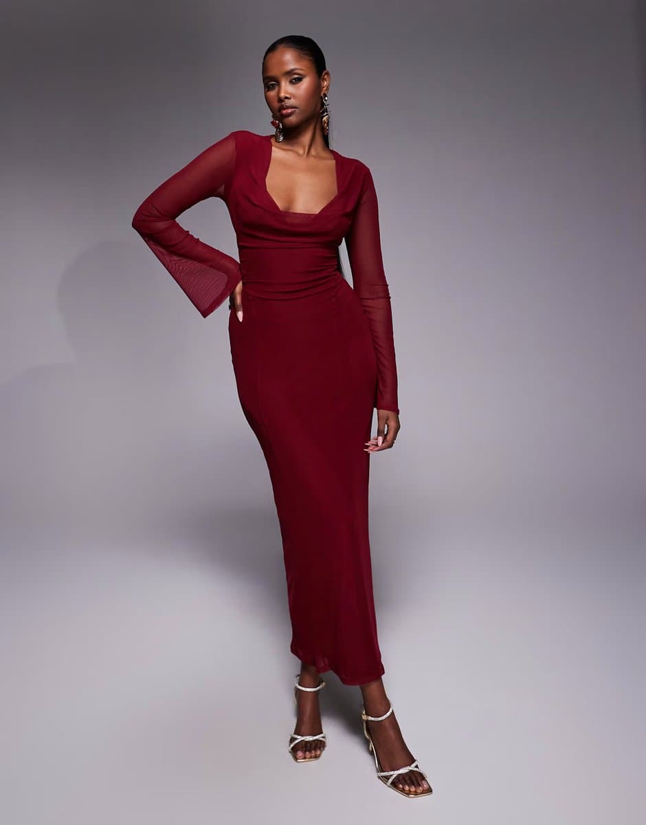ASOS ASOS DESIGN mesh angel sleeve lace up back long sleeve maxi dress in burgundy