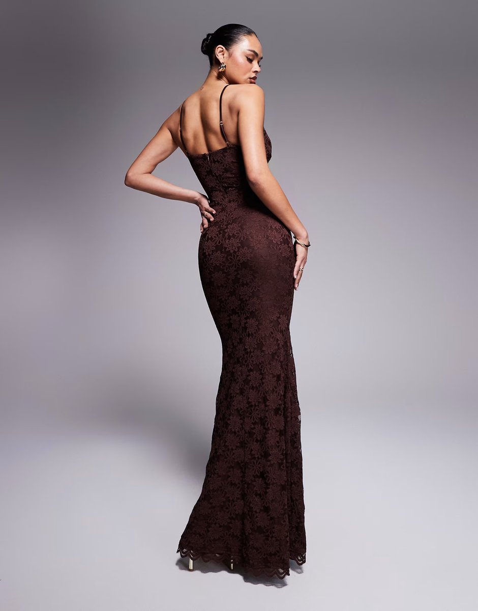 ASOS Wanderdoll Leah structured cami lace fishtail maxi dress in chocolate - 4