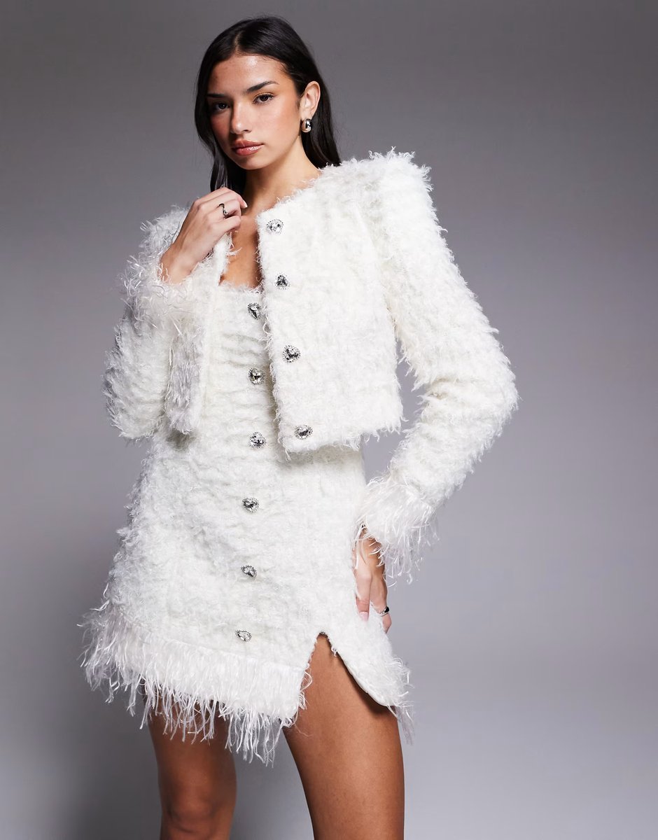 ASOS ASOS LUXE co-ord knitted jacket with embellished buttons and dress with feather trim in white - 2