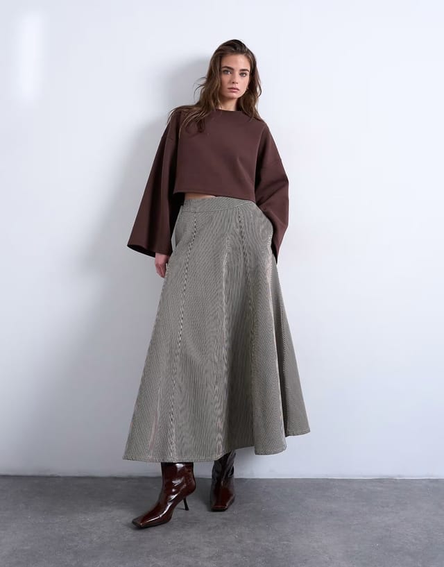 ASOS Topshop denim full circle maxi skirt in brown stripe - 3