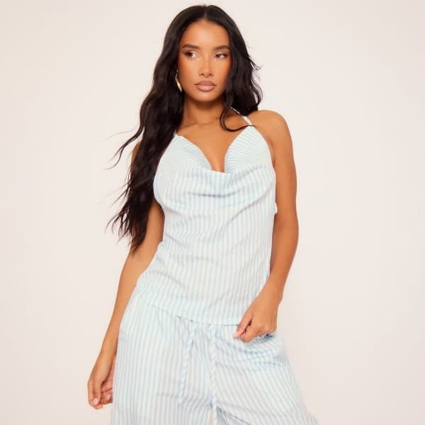 EGO Cowl Neck Strappy Top In Blue Stripe, Women's Size UK 6