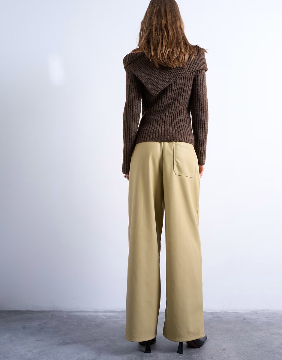 ASOS Topshop drawstring pull on faux leather straight leg trouser in taupe - 3