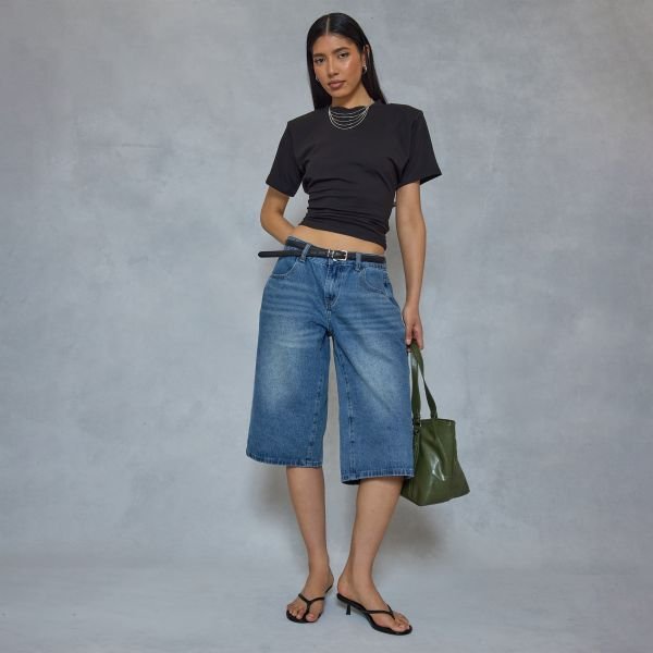 EGO Low Waist Wide Leg Jorts In Blue Denim, Women's Size UK 6 - 2