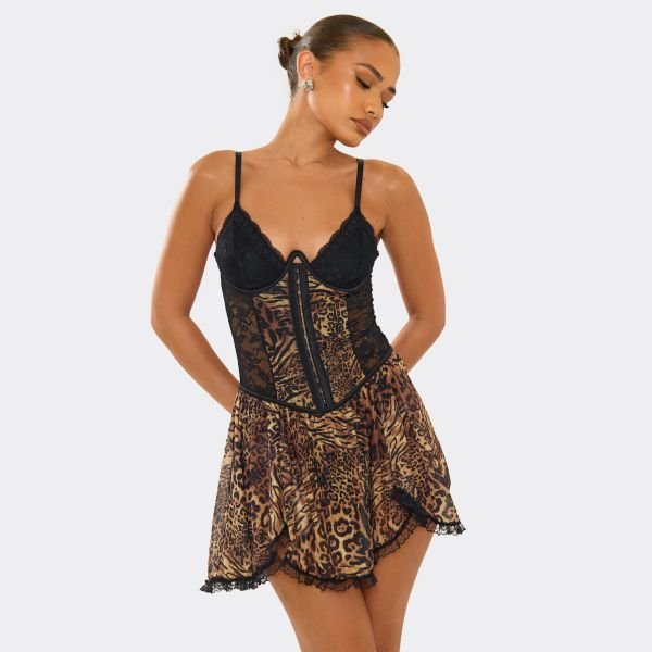 EGO Cupped Hook And Eye Contrast Lace Detail Mini Dress In Leopard Print, Women's Size UK Small S - 2
