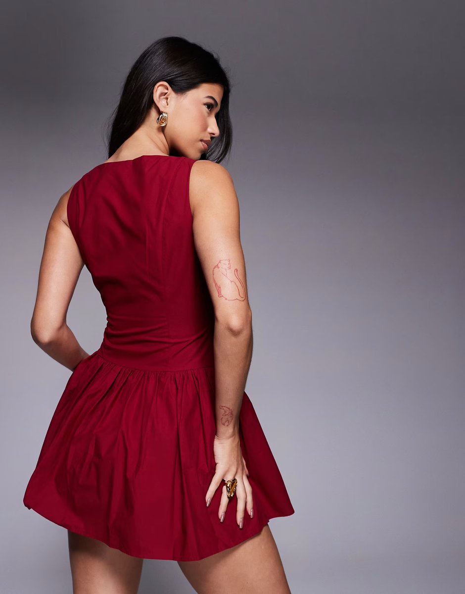 ASOS The Frolic exclusive bengaline sleeveless slash neck hip pleat detail mini dress in burgundy - 4