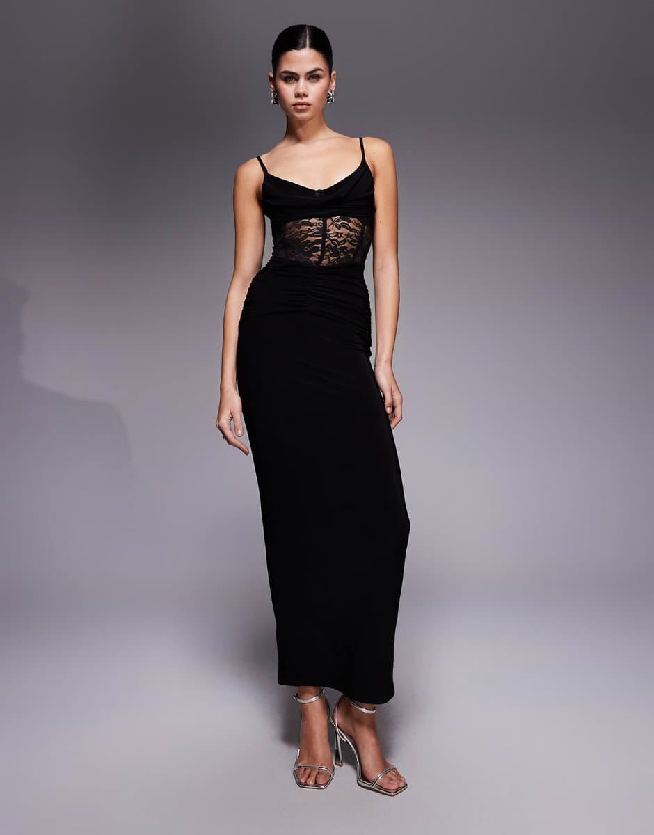 ASOS Kaiia exclusive double layered slinky lace sheer corset detail maxi dress in black