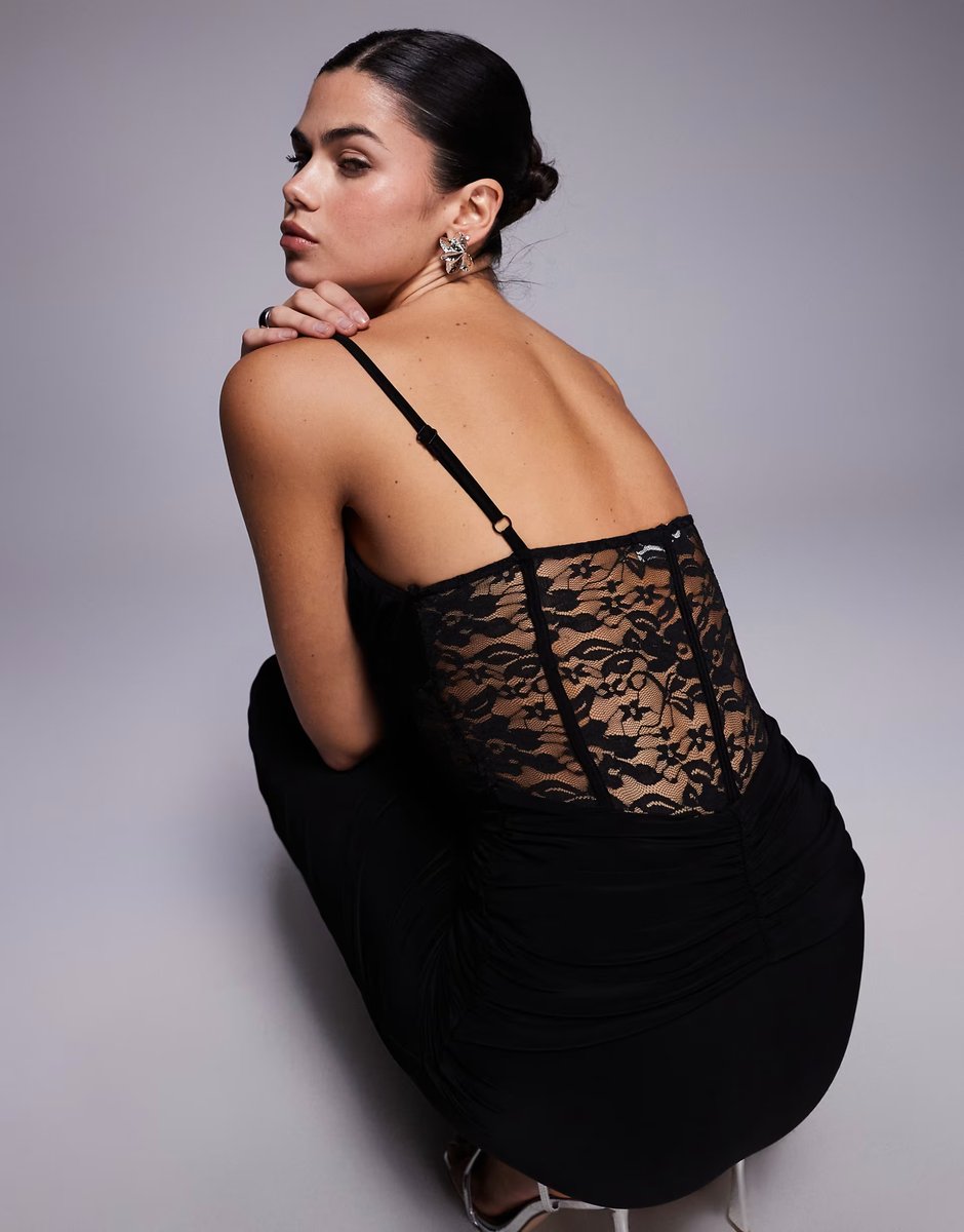 ASOS Kaiia exclusive double layered slinky lace sheer corset detail maxi dress in black - 4