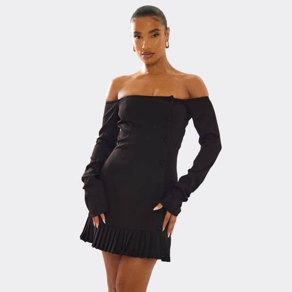 EGO Bardot Long Sleeve Button Front Frill Hem Mini Dress In Black, Women's Size UK 6