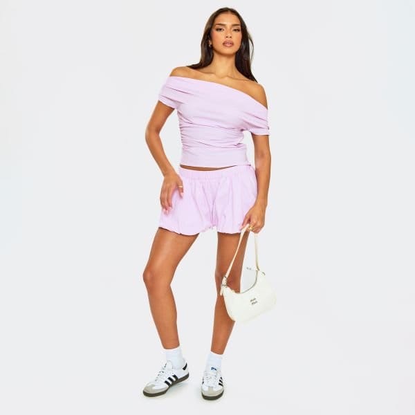 EGO Mid Rise Bloomer Detail Shorts In Pink Stripe, Women's Size UK 6 - 1