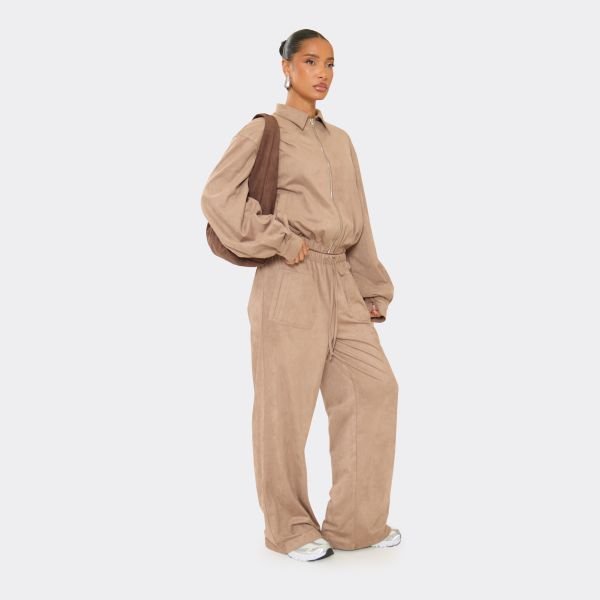 EGO Drawstring Waist Straight Leg Trousers In Taupe Faux Suede, Women's Size UK 6 - 2