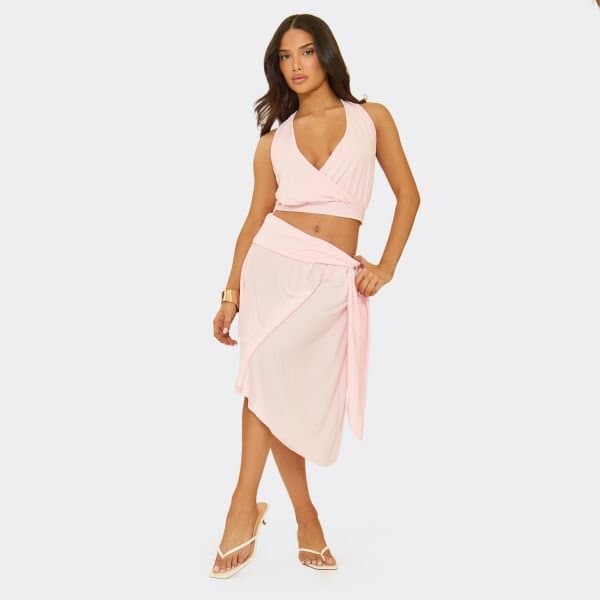 EGO EGO Baby Pink Tie Drape Detail Midi Skirt