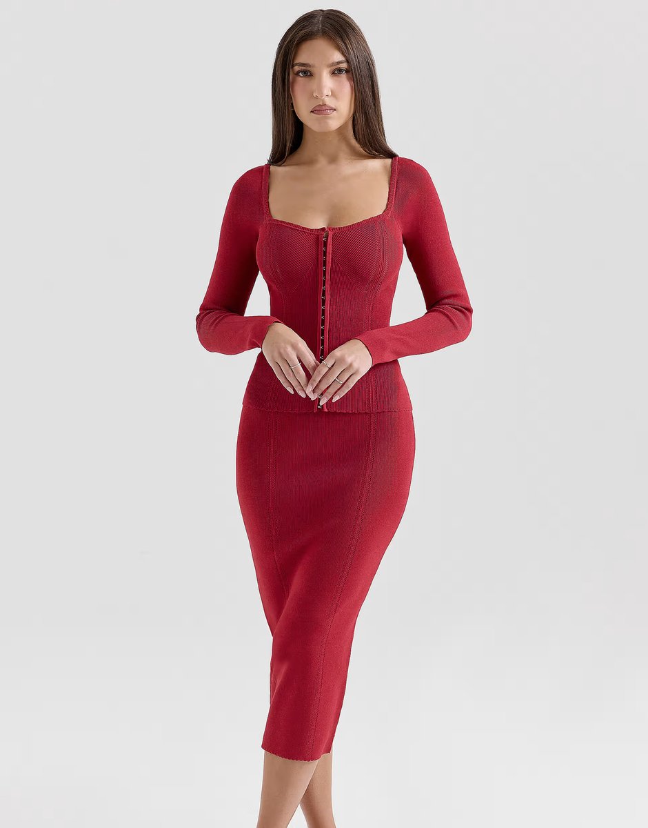 ASOS House of CB Eliane knitted midi skirt in red - 3