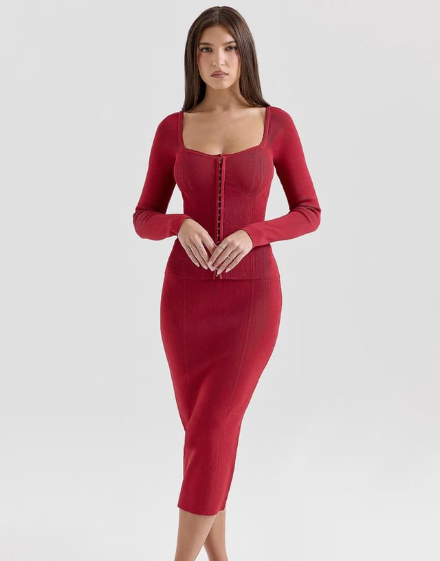 ASOS House of CB Eliane knitted midi skirt in red - 3