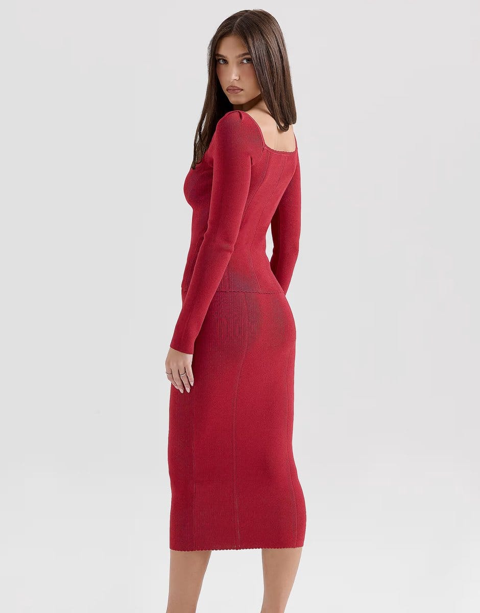 ASOS House of CB Eliane knitted midi skirt in red - 4