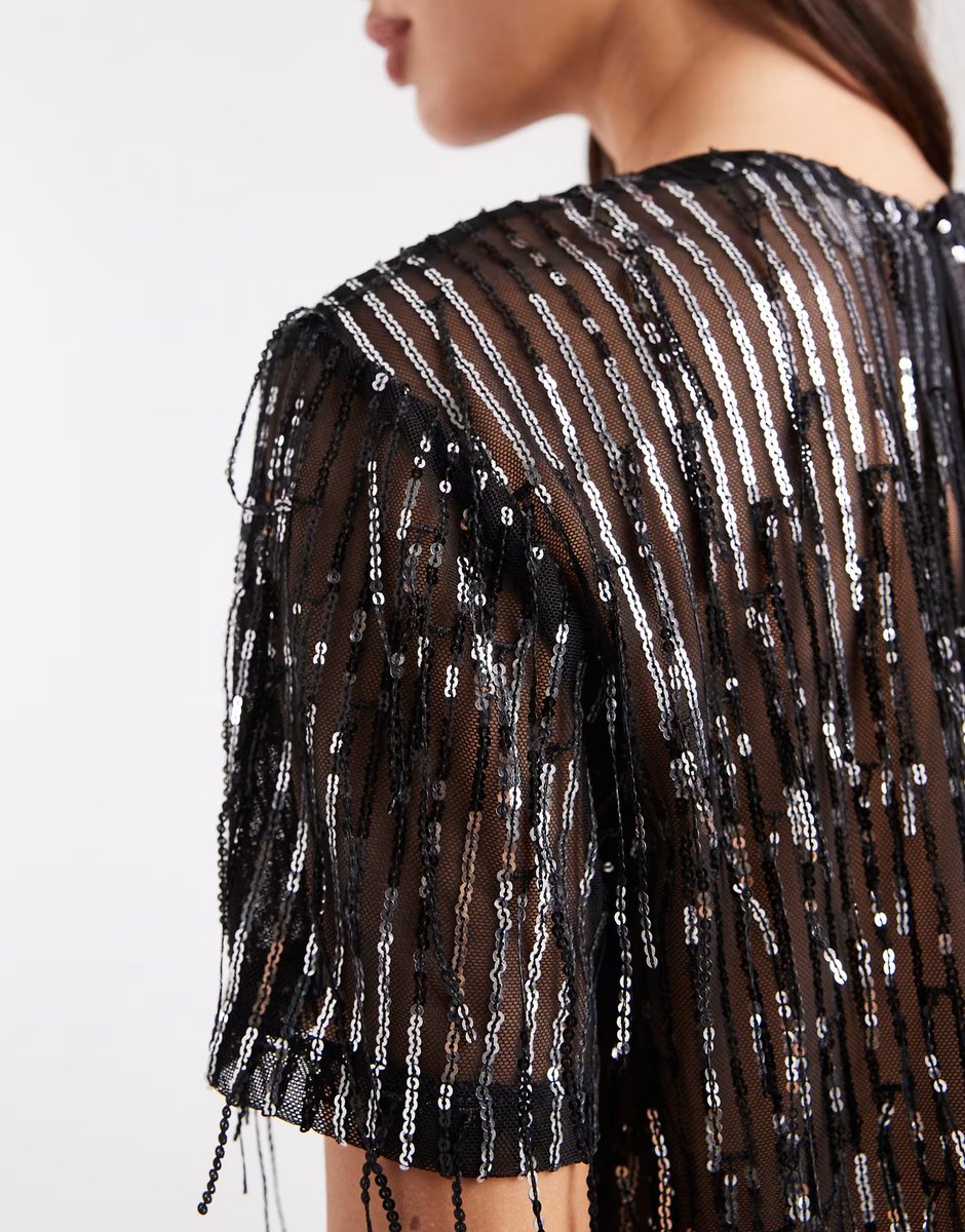 ASOS ONLY tassels sequin mesh top in black - 2