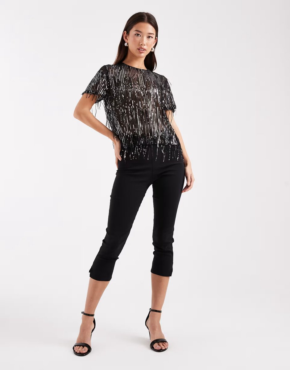 ASOS ONLY tassels sequin mesh top in black - 3