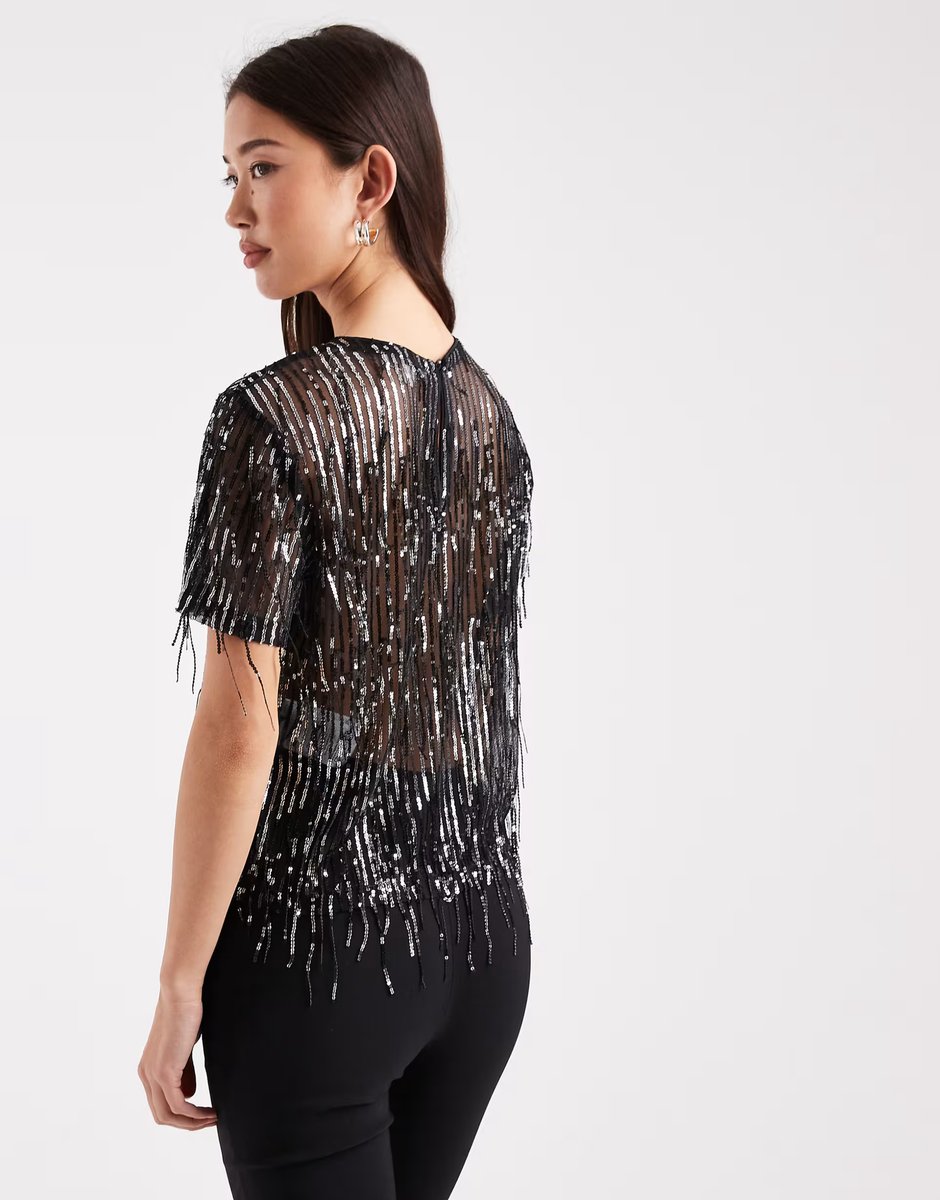 ASOS ONLY tassels sequin mesh top in black - 4