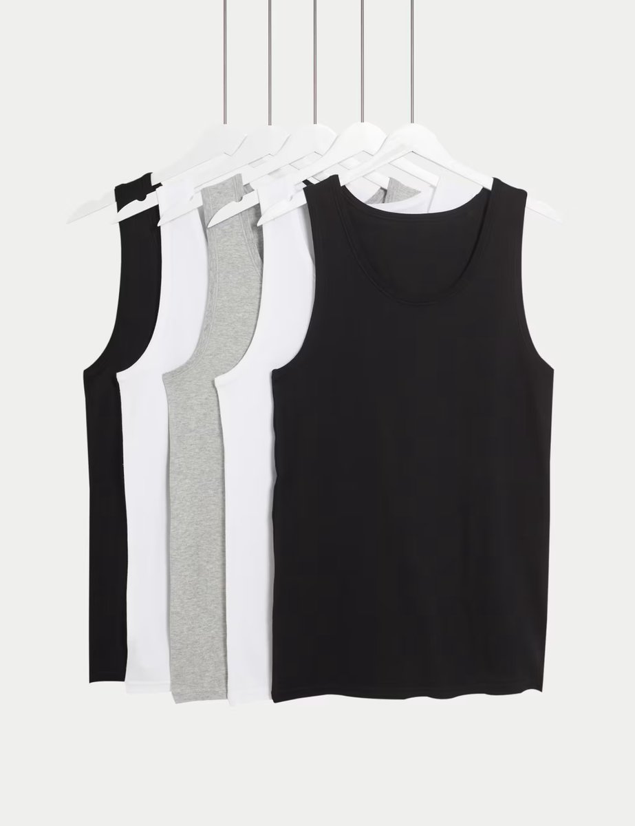 Marks & Spencer M&S 5 Pack Pure Cotton Sleeveless Vests Black/Grey - 1