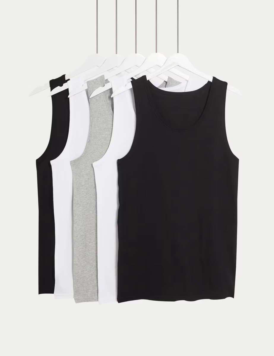 Marks & Spencer M&S 5 Pack Pure Cotton Sleeveless Vests Black/Grey