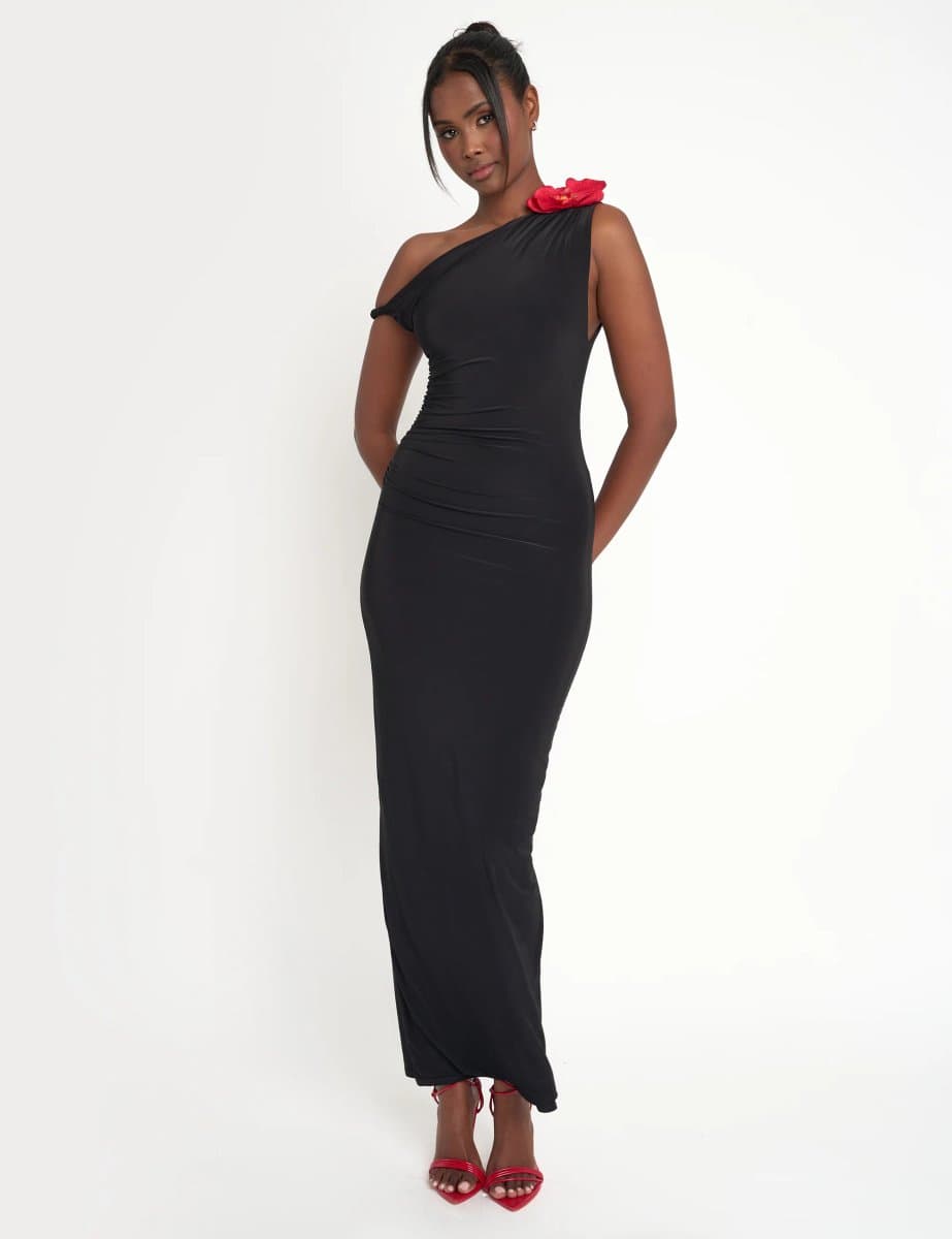 Public Desire Flower Trim Dropped Shoulder Luxe Slinky Maxi Dress Black
