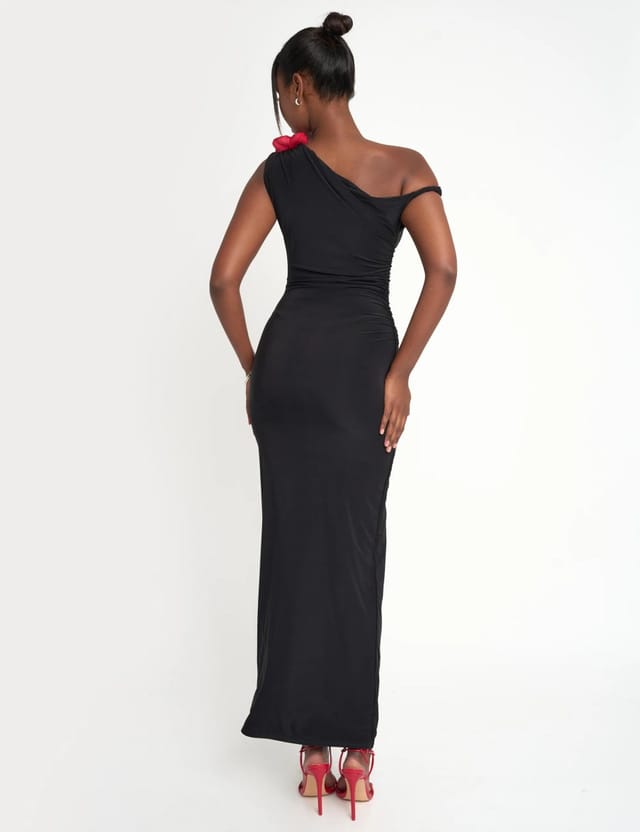Public Desire Flower Trim Dropped Shoulder Luxe Slinky Maxi Dress Black - 3