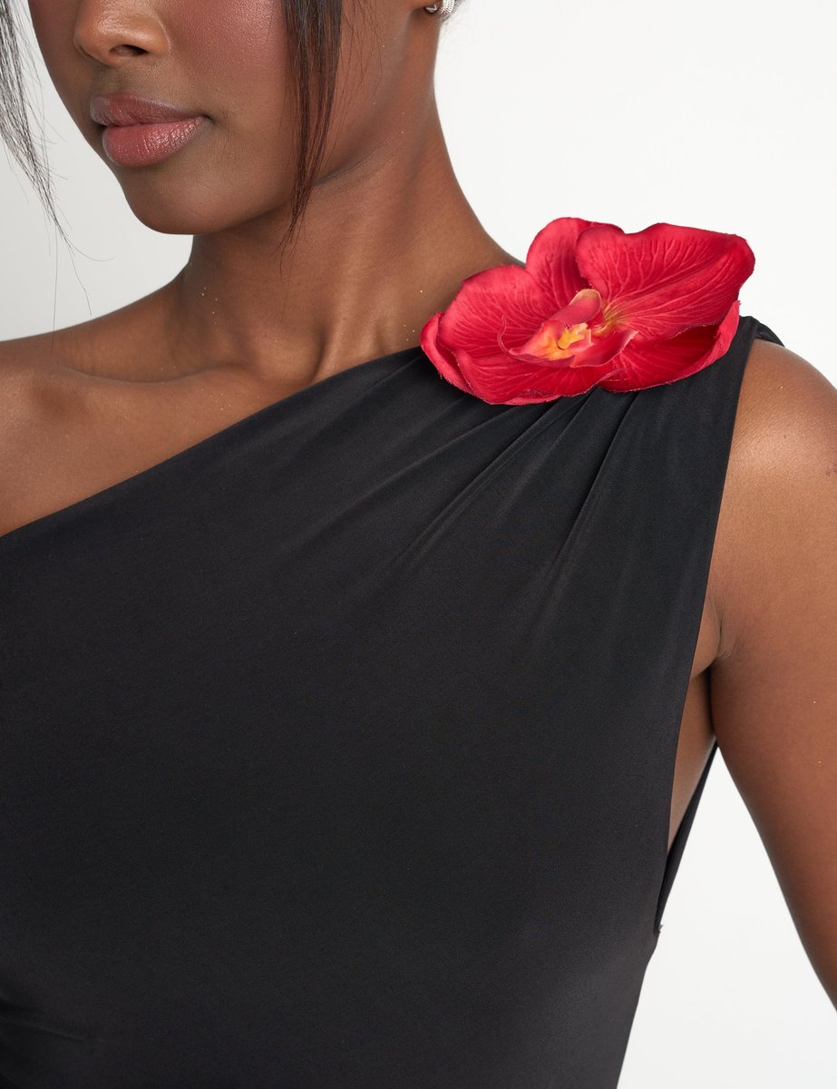 Public Desire Flower Trim Dropped Shoulder Luxe Slinky Maxi Dress Black - 4