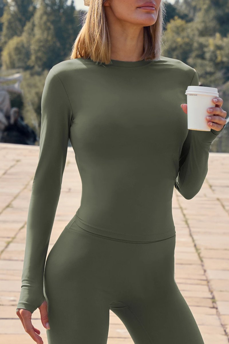 Kaiia Kaiia Sculpt Long Sleeve Fitted T Shirt Khaki - 2