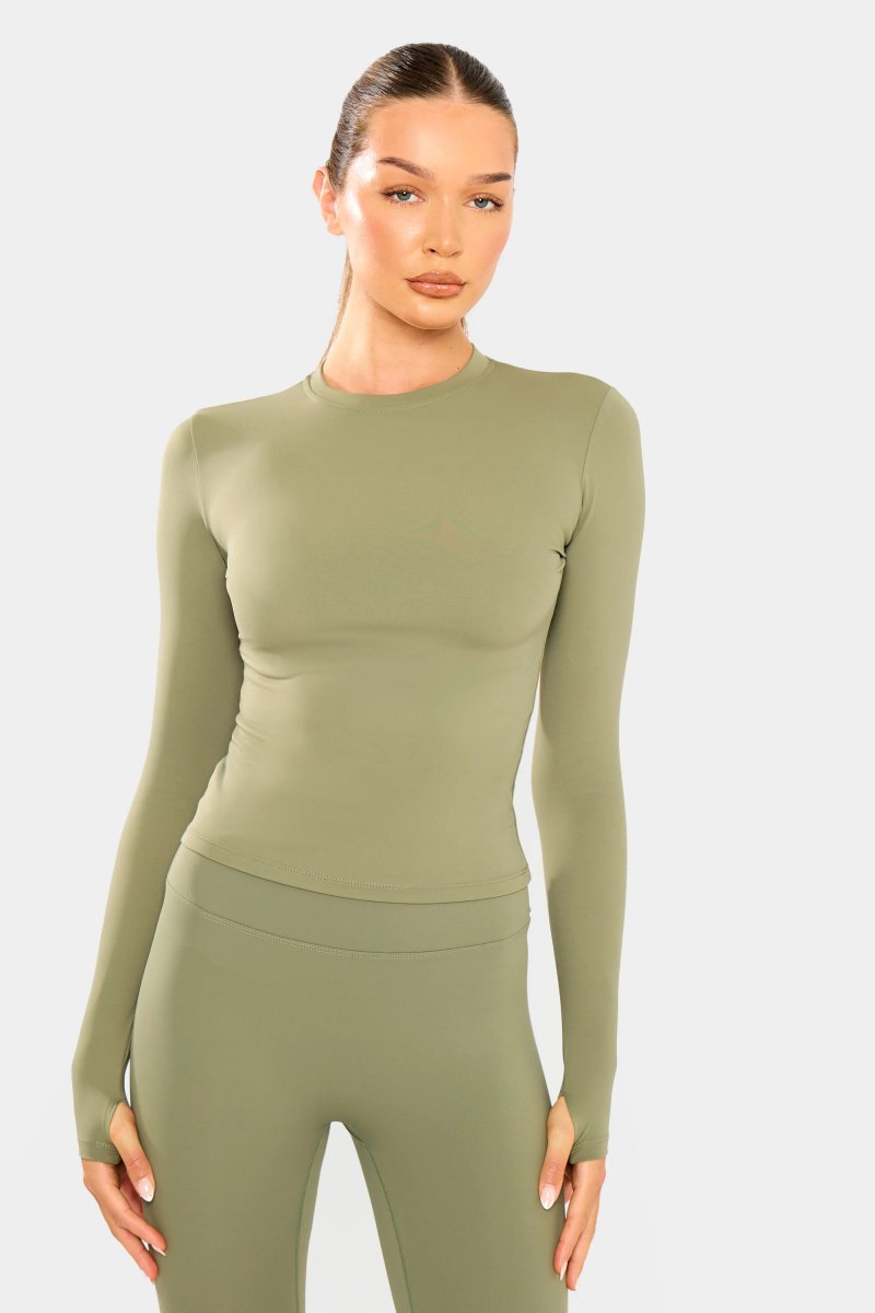 Kaiia Kaiia Sculpt Long Sleeve Fitted T Shirt Khaki - 4