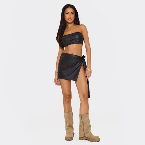 EGO Mid Rise Tie Side Detail Mini Skirt In Black, Women's Size UK 6