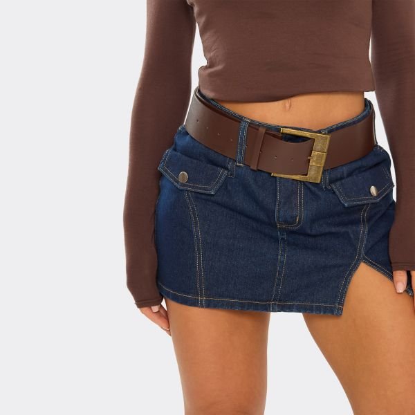 EGO Belted Pocket Detail Mini Skirt In Indigo Blue Denim, Women's Size UK 6 - 2