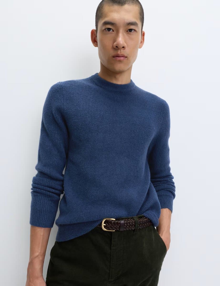 Marks & Spencer M&S Supersoft Ribbed Crew Neck Jumper with Wool Medium Indigo