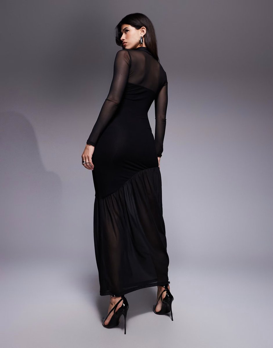 ASOS ASOS DESIGN sheer panelled mesh high neck maxi in black - 4