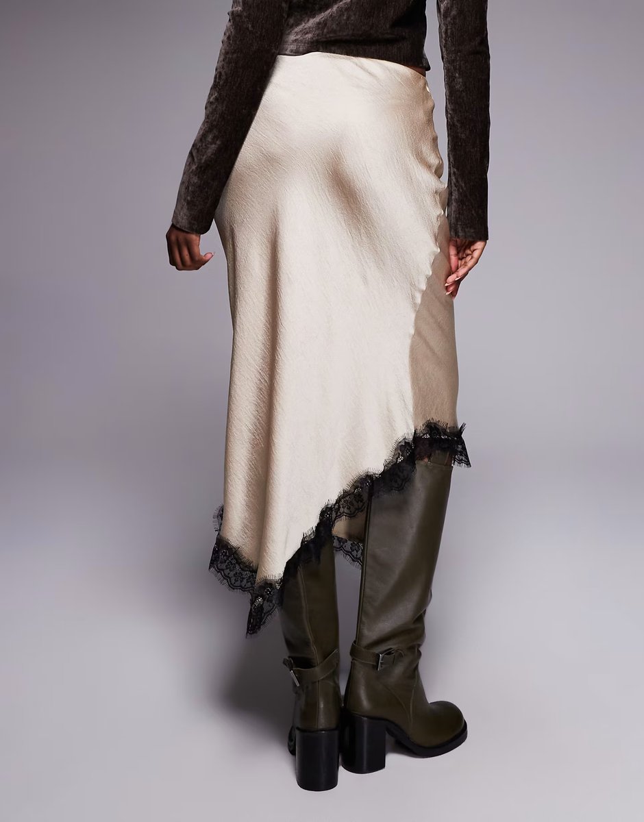 ASOS River Island satin skirt with lace detail in beige - 2