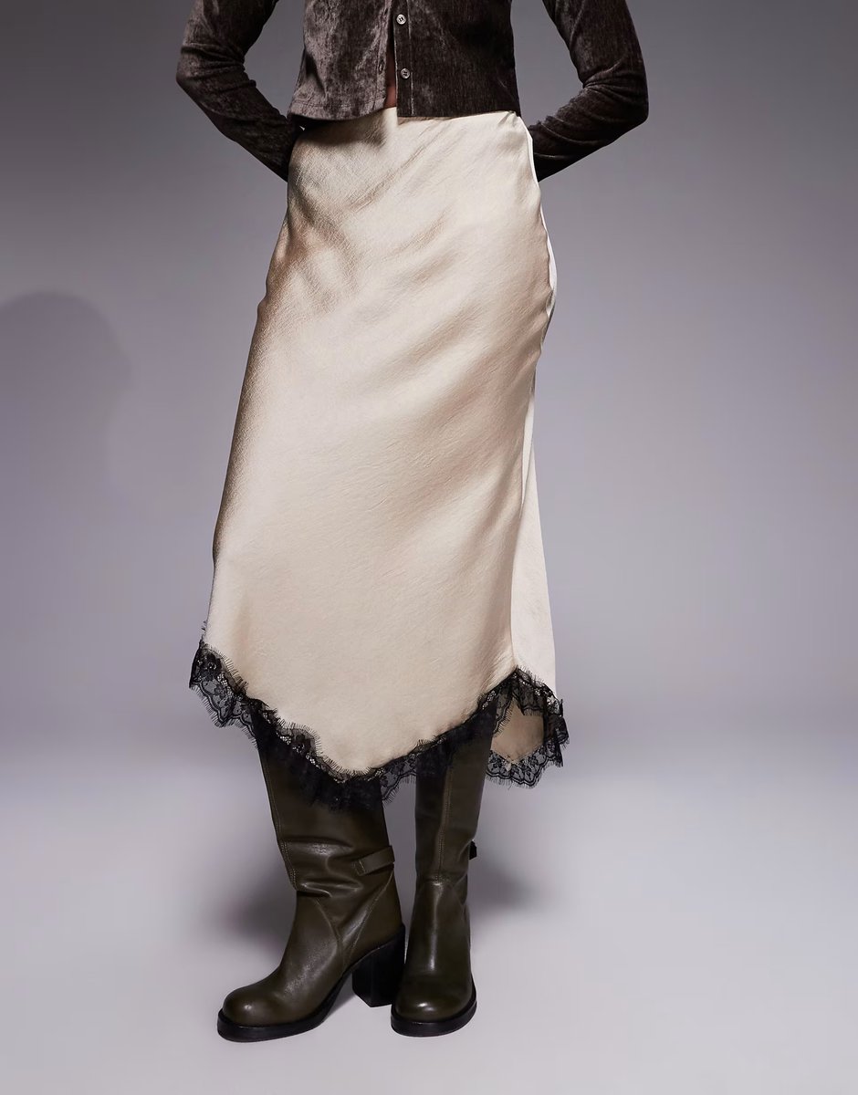 ASOS River Island satin skirt with lace detail in beige - 4