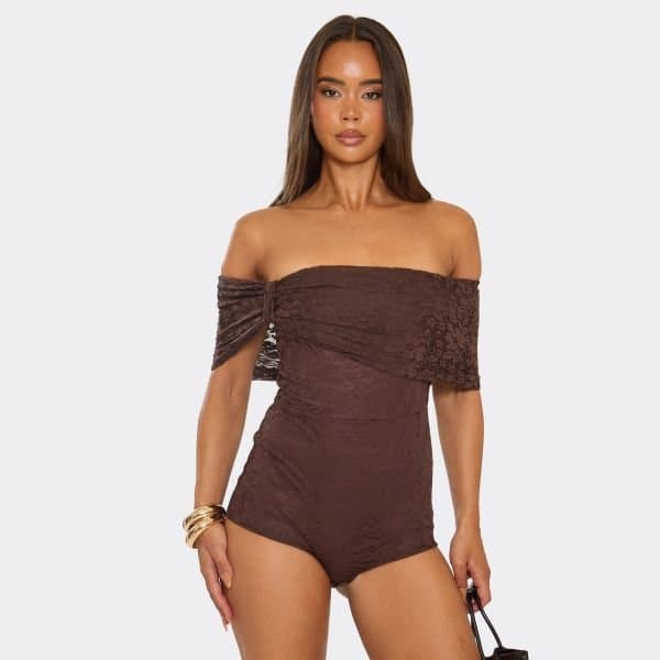 EGO Fold Over Bardot Knot Detail Micro Playsuit In Chocolate Brown Lace, Women's Size UK 8