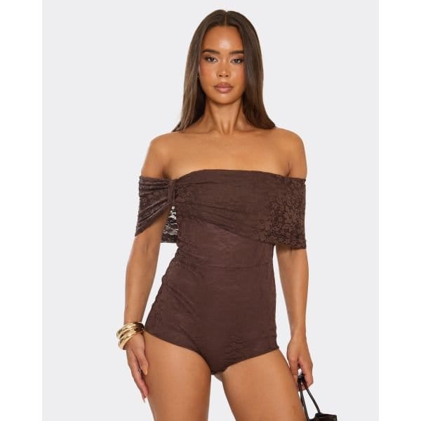 EGO Fold Over Bardot Knot Detail Micro Playsuit In Chocolate Brown Lace, Women's Size UK 8 - 2