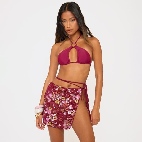 EGO EGO Wrap Waist Split Leg Beach Sarong in Burgundy Floral Print