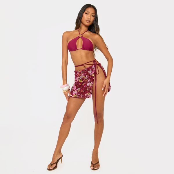 EGO Wrap Waist Split Leg Beach Sarong In Burgundy Floral Print, Women's Size UK 6 - 2