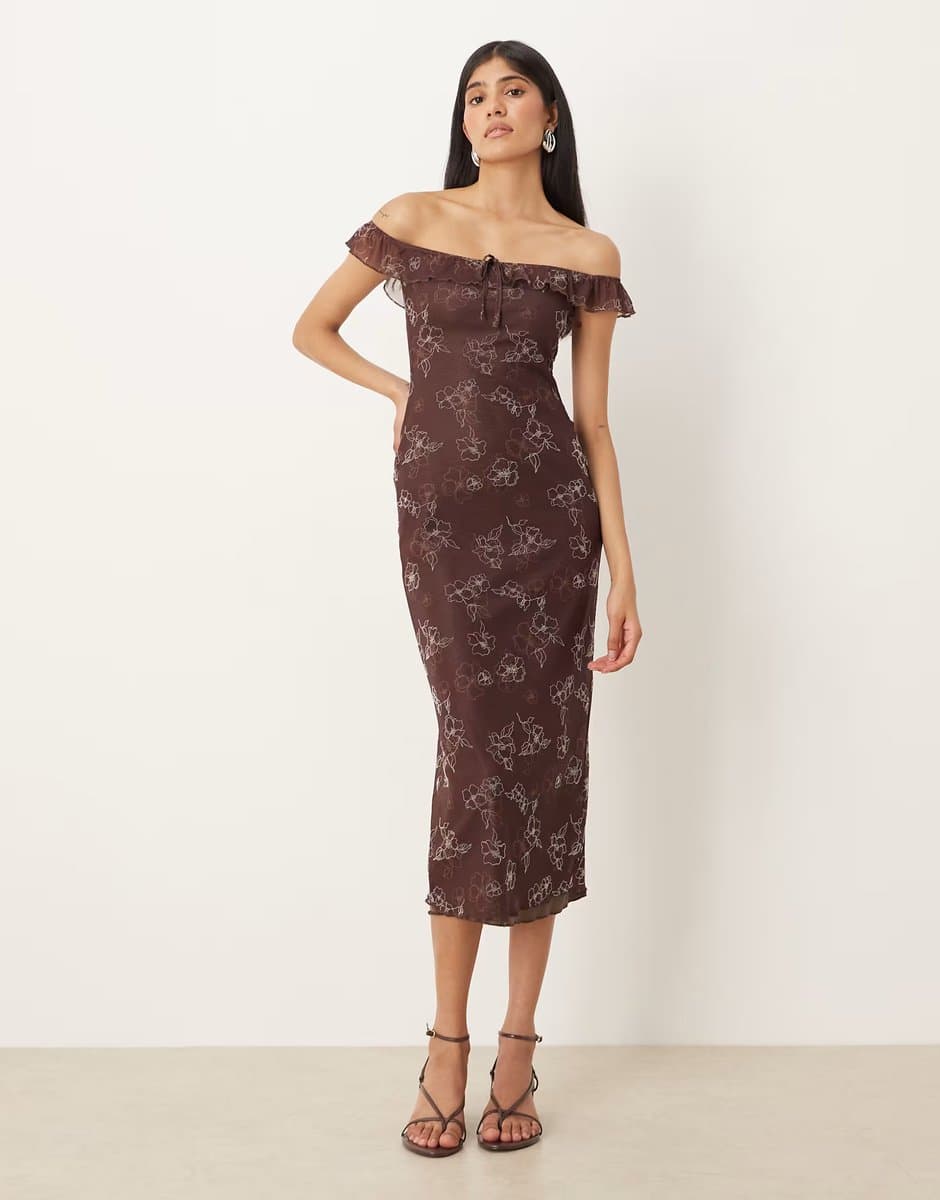 ASOS Motel Catrin off shoulder midaxi floral dress in brown