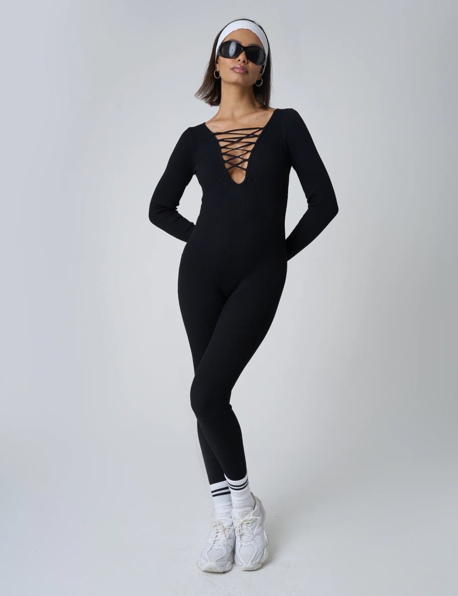 Public Desire Tie Front Ribbed Long Sleeve Unitard Black