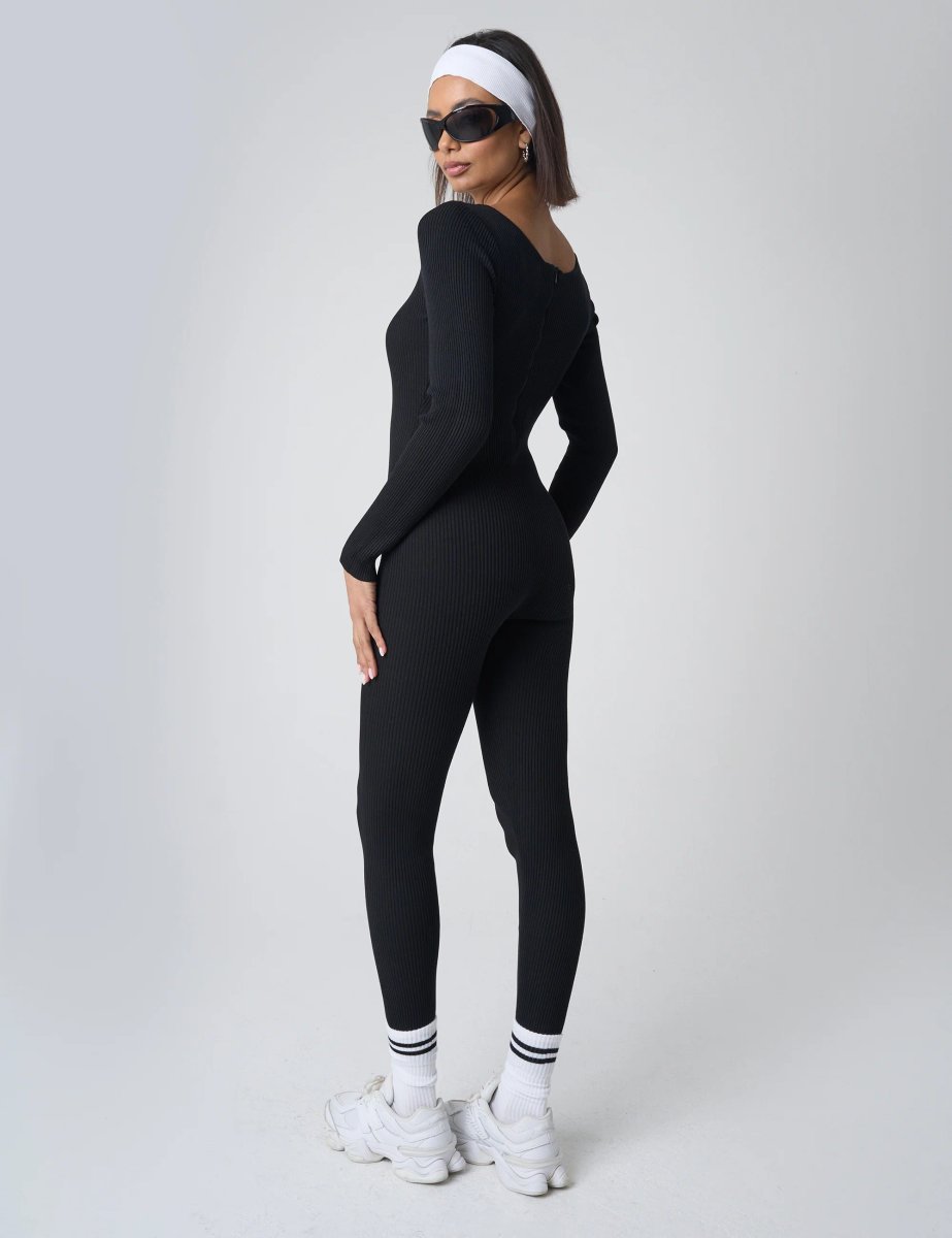 Public Desire Tie Front Ribbed Long Sleeve Unitard Black - 3