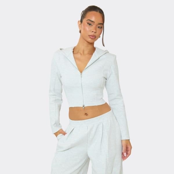 EGO Double Zip-Up Shoulder Pad Cropped Hoodie In Light Grey Marl Interlock, Women's Size UK 6 - 1
