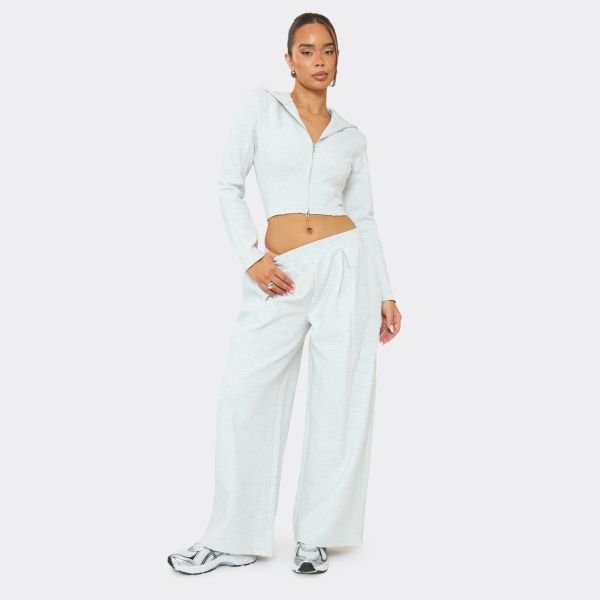 EGO Double Zip-Up Shoulder Pad Cropped Hoodie In Light Grey Marl Interlock, Women's Size UK 6 - 2