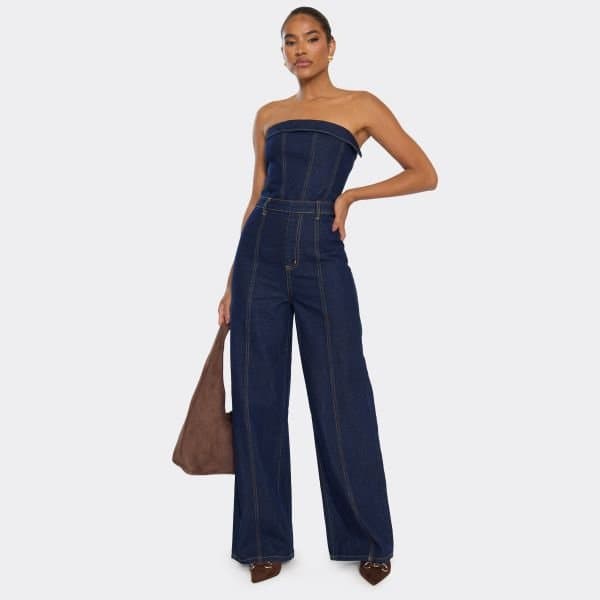 EGO Bandeau Seam Detail Jumpsuit In Indigo Blue Denim, Women's Size UK 6