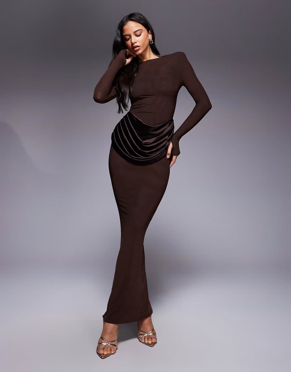 ASOS Wanderdoll Eman longsleeve slash neck satin drape waist detail bodycon maxi dress in chocolate