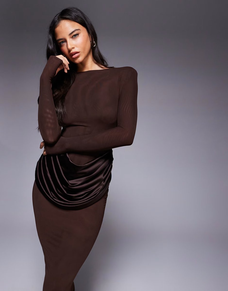 ASOS Wanderdoll Eman longsleeve slash neck satin drape waist detail bodycon maxi dress in chocolate - 3
