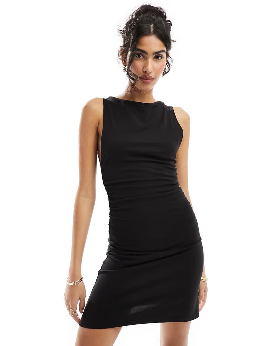 ASOS ASOS DESIGN boat neck mini dress with ruched sides in black