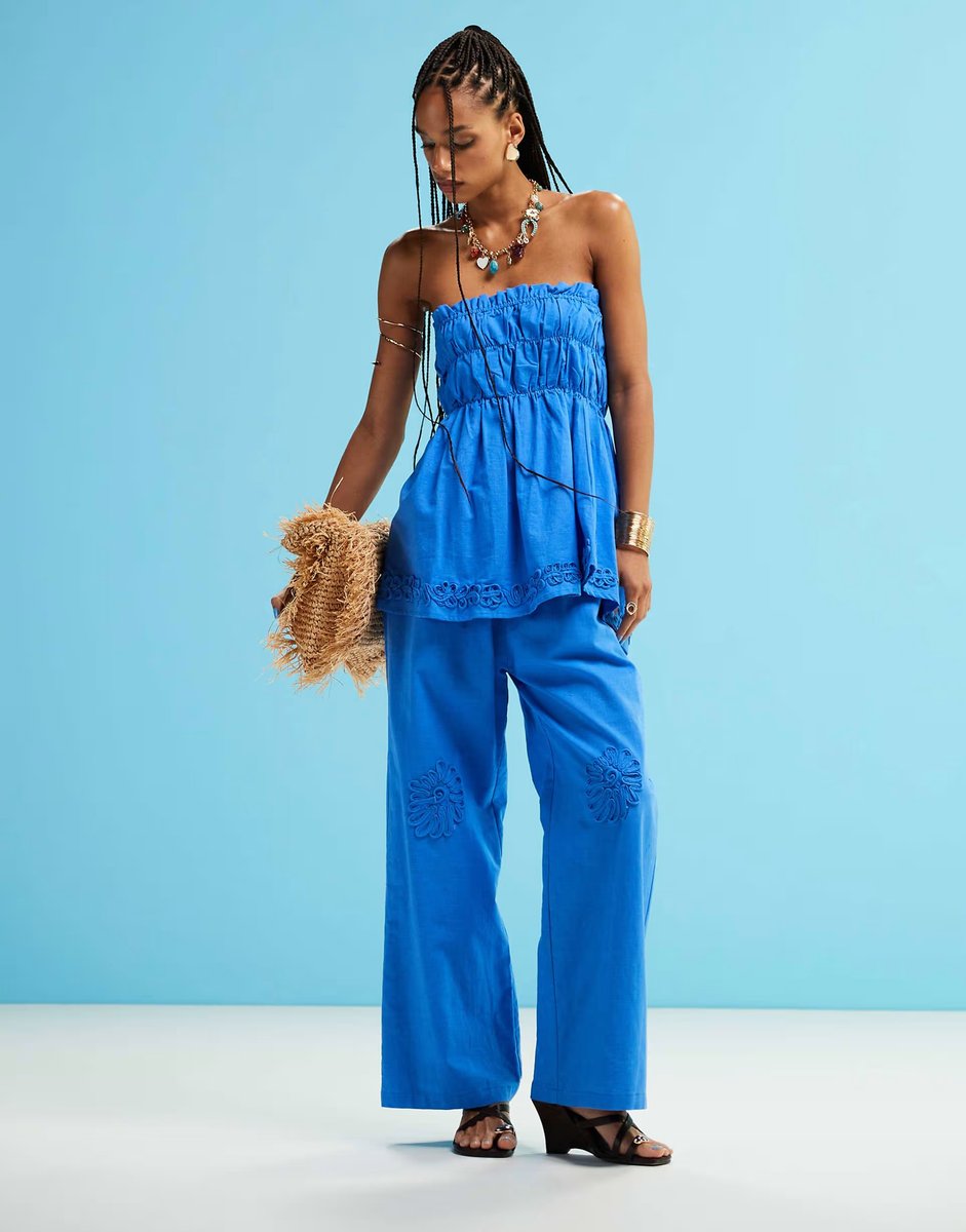 ASOS SNDYS poplin flower ruched bandeau and wide leg trouser set in bright blue - 2